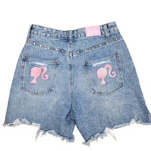 Forever 21 Barbie High-Waisted Distressed Denim Shorts With sparkl studs & logo